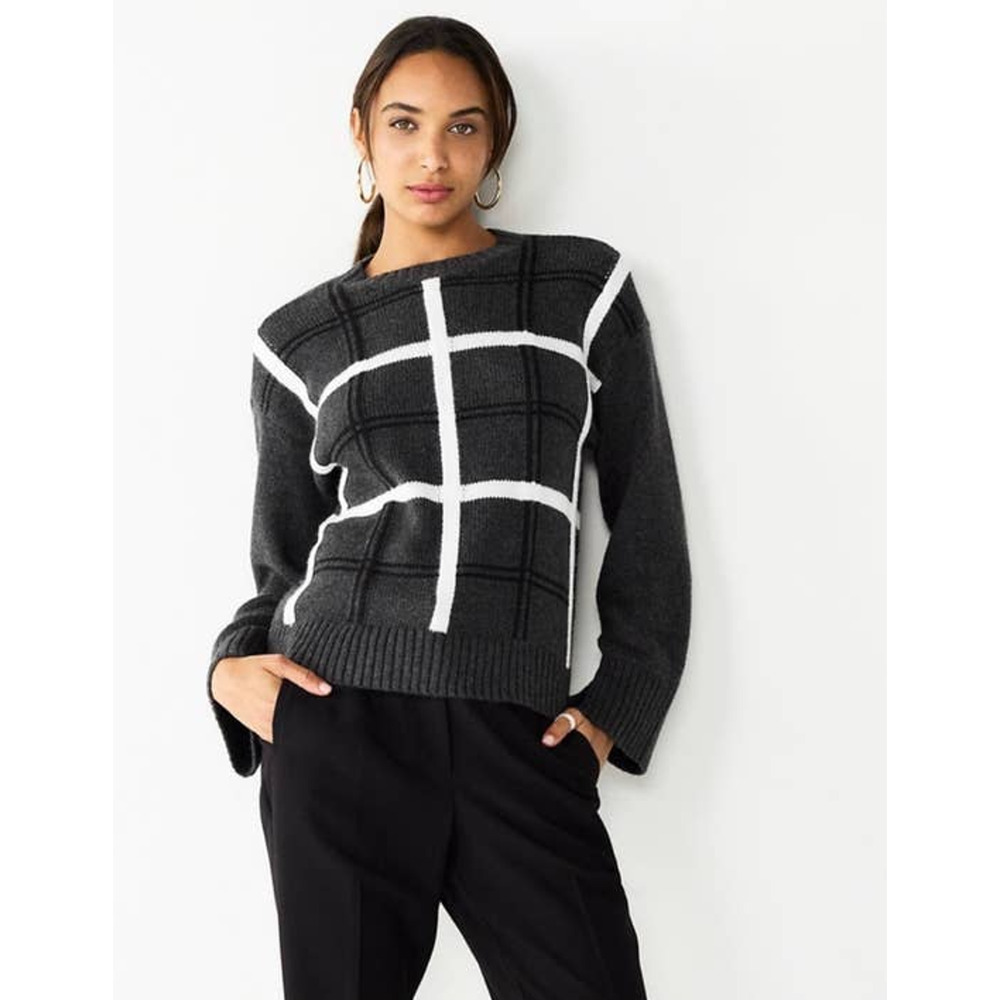 New Nine West Womans XXL Plus Long Sleeve Sweater Grey Plaid Pullover Pink NWT